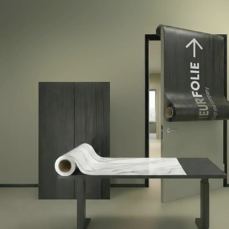 Visual van een tafel en deur met interieurfolie