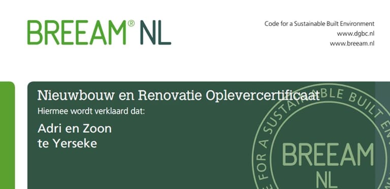 Oplevercertificaat BREEAM Adri&ZN Yerseke