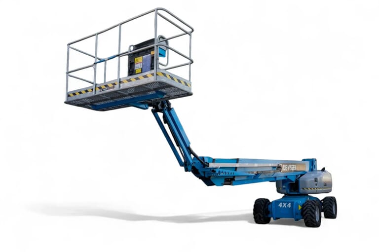 Blauwe telescoophoogwerker van De Visser Verhuur, zijaanzicht met volledig uitgeschoven arm en werkplatform op werkhoogte.