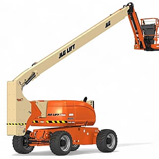 Oranje en beige knikarmhoogwerker van JLG, zijaanzicht met volledig uitgeschoven arm en hooggeplaatst werkplatform.