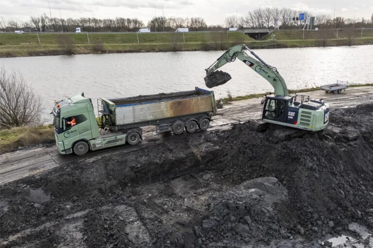 Een kraan die grond in een vrachtwagen schept