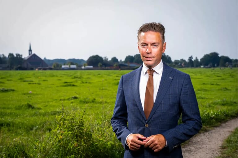 Man in pak in een weiland