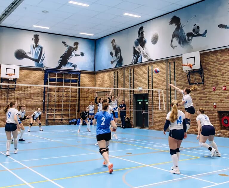 Volleybalwedstrijd in een sportzaal met vrouwelijke spelers en een coach.
